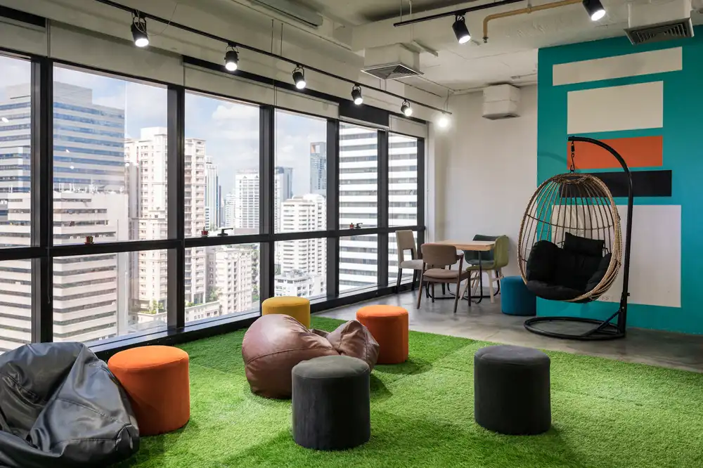 faux grass on the staff area
