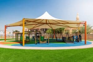 blue artificial grass in playground